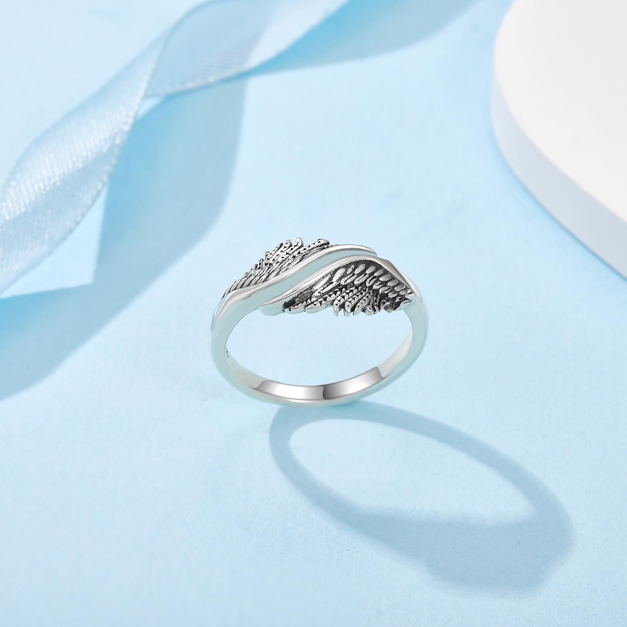 DAYLINLOVE Engelsflügel Ring 925er Sterling Silber Feder Engelsflügel Verstellbarer Offener Daumen Ring Engel Christlicher Religiöser Jahrestag Schmuck Geschenke Damen Mädchen