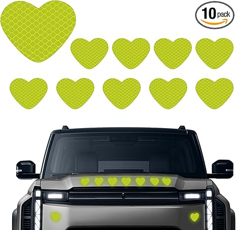 10PCS Heart Vinyl Decal for Cars, Bumper Stickers, High Intensity Reflective Night Safety Sign Bumper Decal, Patche Scratch Waterproof Stickers for Most Vehicles (Fluorescent Yellowish Green)