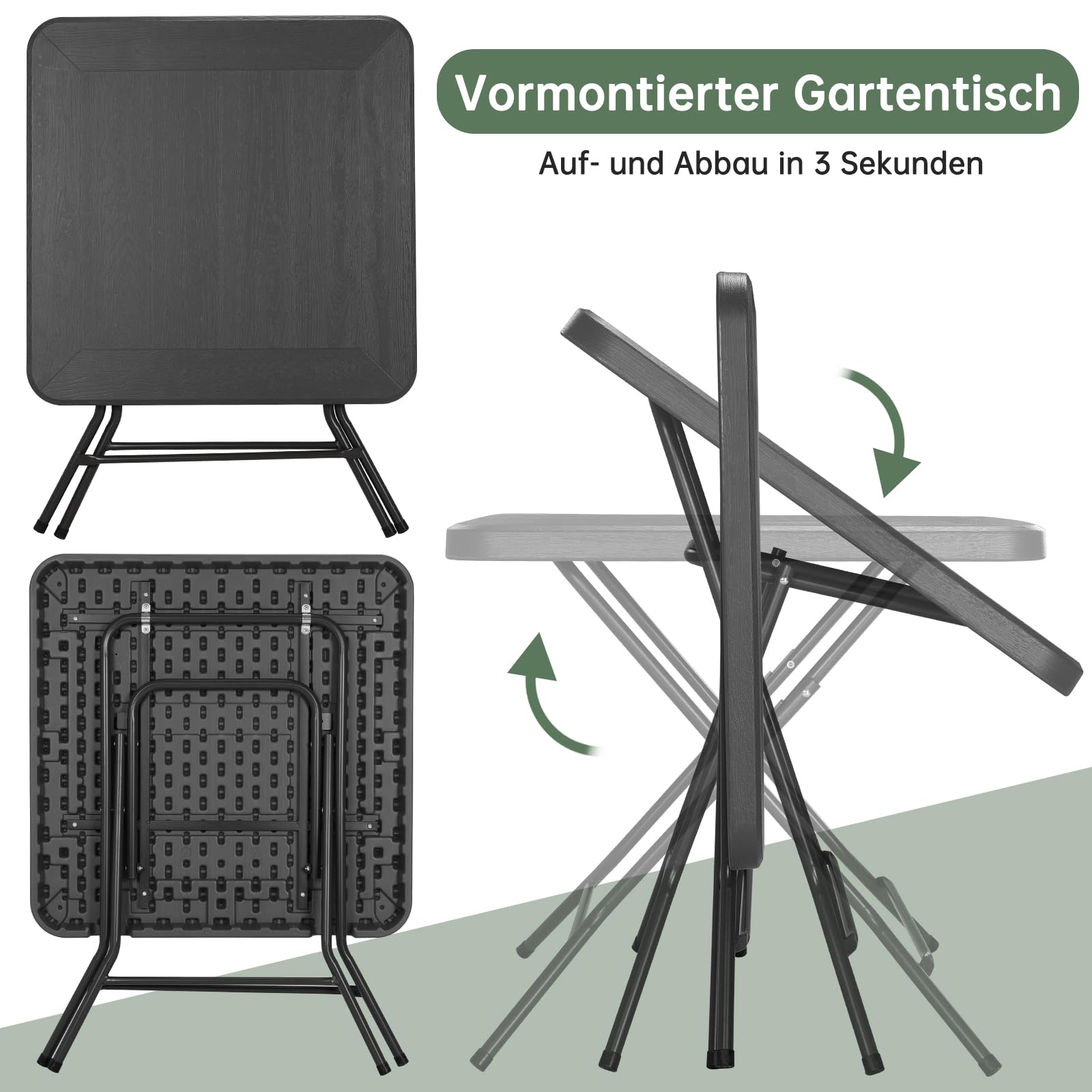 Clevich Gartentisch Holz-Optik, quadratisch, Gartentisch klappbar, HBT: 74x80x80cm, Balkontisch mit Stahlrahmen Beine, Hochstabiler Campingtisch, Wetterfest, Pflegeleicht, für Balkon, Garten &Terrasse