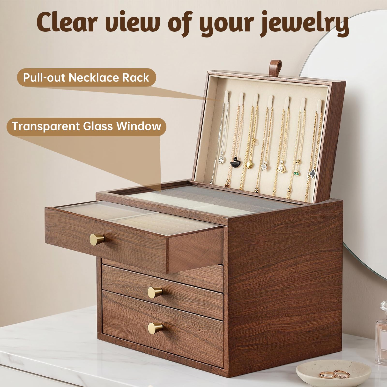 Joyero grande de madera para mujer, organizador de 4 capas de nogal negro con tapa de cristal, caja de almacenamiento clásica para anillos, collares, pendientes, relojes, regalos del día de