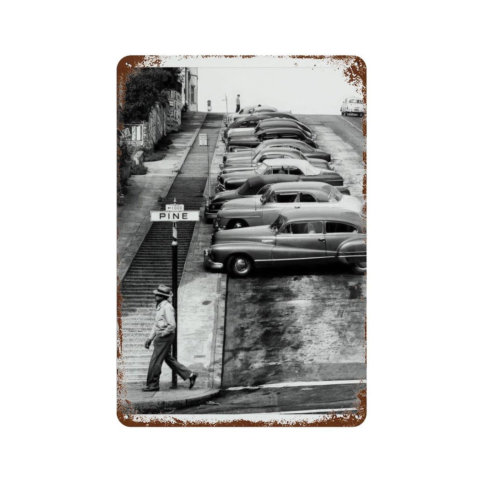 xiaoxiaoshen San Francisco 1950s Pine Street Vintage Photography, Retro Decor Wall Decor Art Metal Tin Poster Modern Home Decor Art Home Bar Shop Decorations Vintage Sign 30x20cm