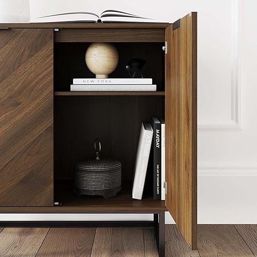 Vista 23 de Nathan James Enloe - Mueble de TV con puertas en un acabado rústico de madera de pino y base de metal dorado para pasillo, entrada o sala de estar