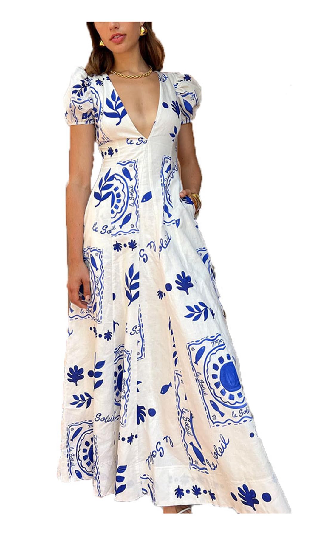 Hykytyhk Womens Summer Maxi Dress Puff Short Sleeve Sexy V Neck Floral Casual Dresses with Pockets