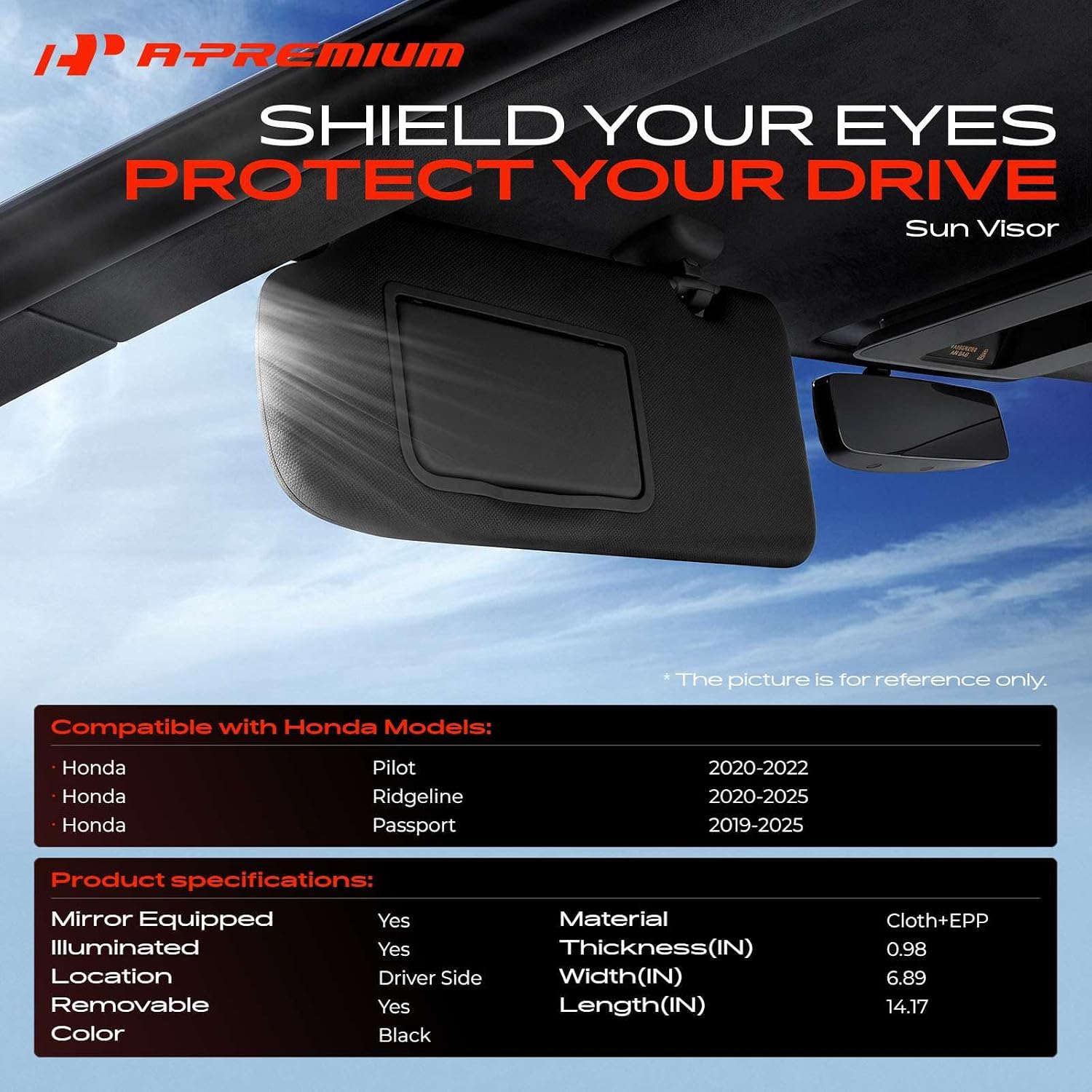 A-Premium Left Driver Side Sun Visor Compatible with Honda Pilot 2020-2022