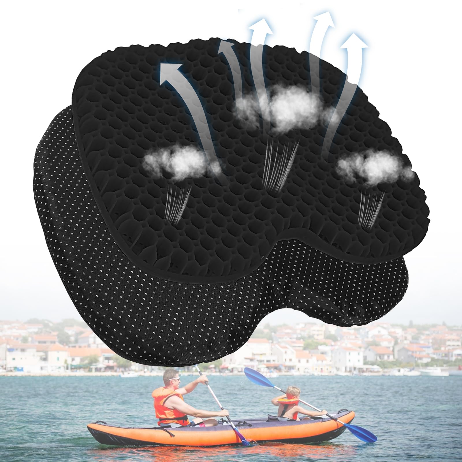 Cojín de gel antideslizante para asiento de kayak con funda antideslizante, cojín de asiento impermeable para sentarse en kayak inflable, canoa y pesca en barco, remo, accesorios de kayak de
