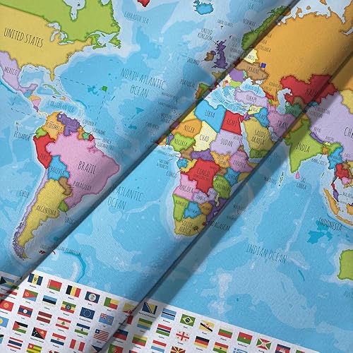 Miniatura 5 de Tapiz de mapa del mundo, tapiz colorido con banderas de países, mapa del mundo con países y ciudades principales, tapiz educativo de estética para