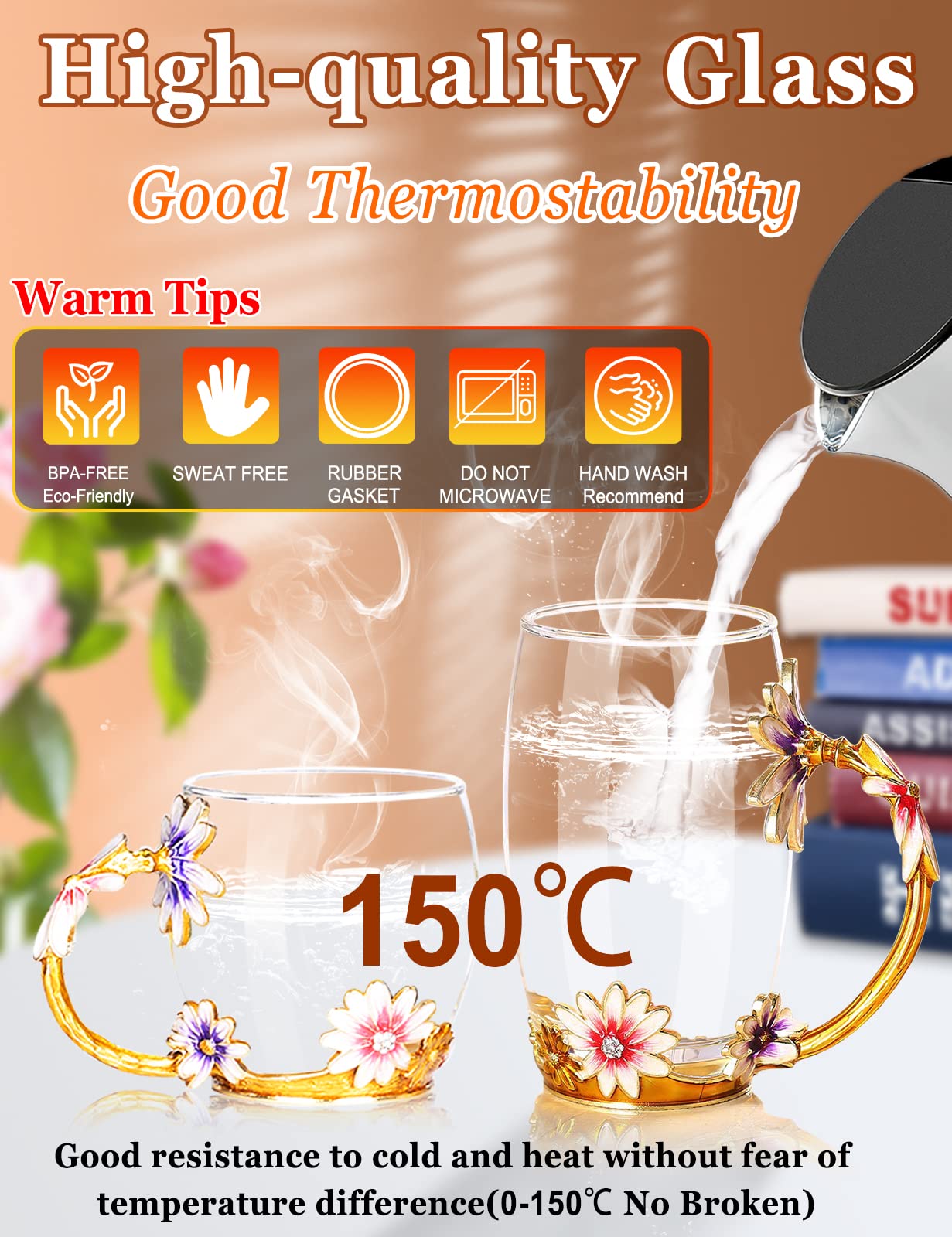 Novelty Glass Mugs for Coffee/Tea/Milk Hot/Cold Drink Enamel Flower Cups Gifts Unique for Women/Wife/Mom/Friends/Girlfriend/Grandma/Mother`s Day/Birthday/Christmas/Valentines/Graduation/Teacher