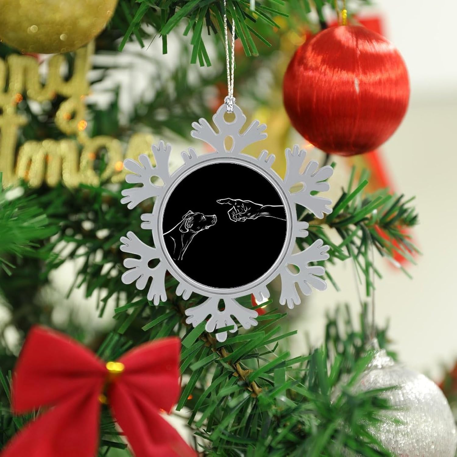 Dog and Man Friendship Personalized Christmas Snowflake Ornaments Custom Xmas Tree Hanging Decoration for Party Holiday