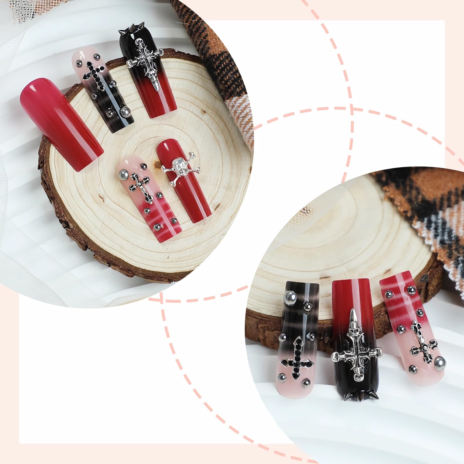 MISUD Nägel zum Aufdrücken – lange quadratische Nägel zum Aufkleben mit Gothic-Rot und Schwarz, Acryl, Gohtic Y2K Kreuz-Design, 24 Stück