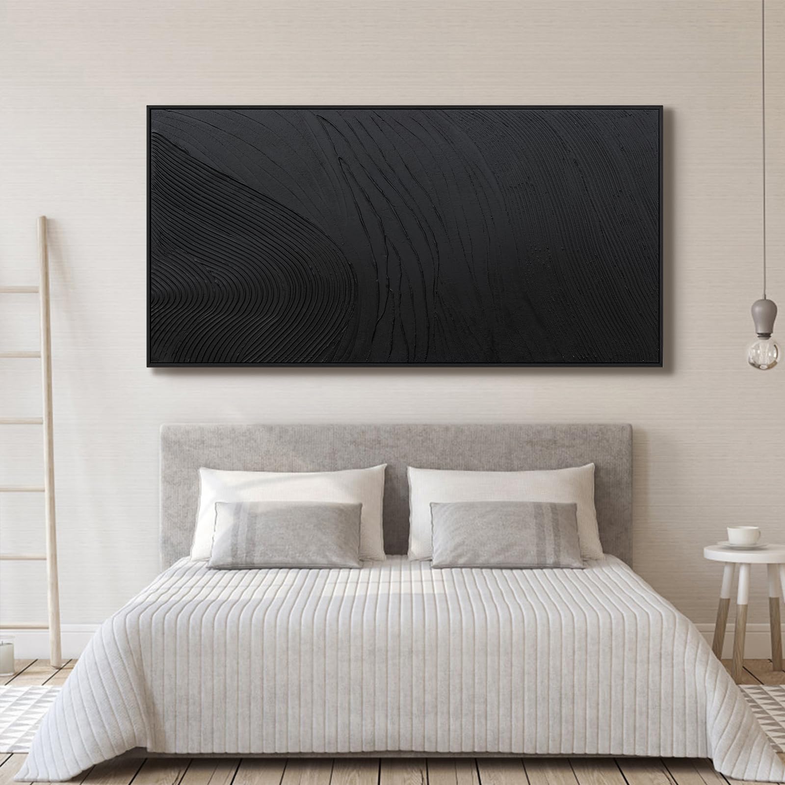 Arte de pared grande y moderno para sala de estar, lienzo abstracto, decoración de pared enmarcada grande, arte de pared negro, arte de pared pintado a mano, textura negra, obra de arte para paredes 5