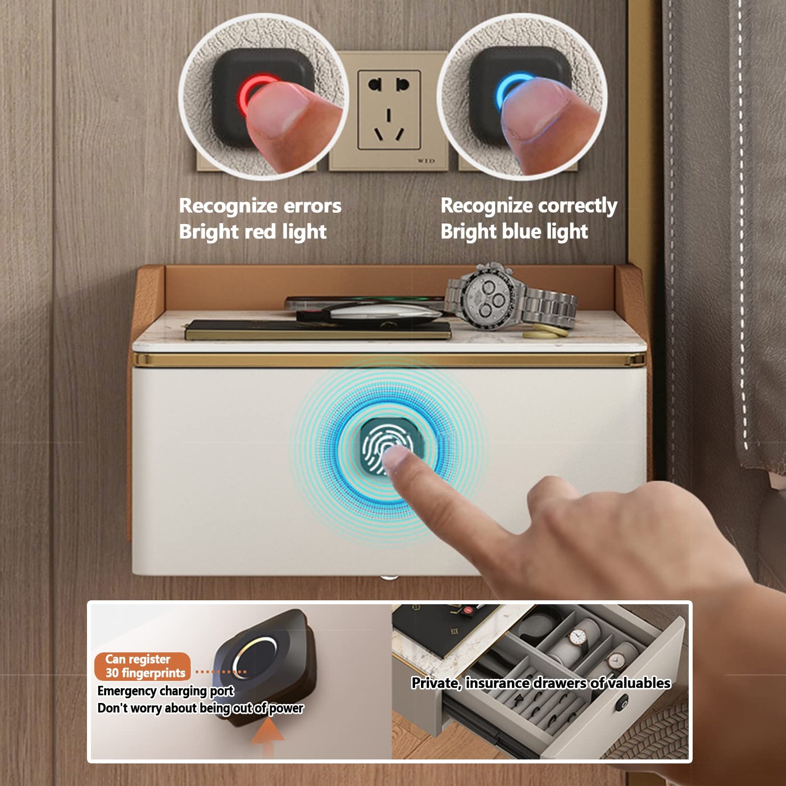Comodino intelligente Comodino per camera da letto Comodino a parete, comodino con lampada LED Tavolino moderno bianco con stazione di ricarica, blocco impronte digitali ()