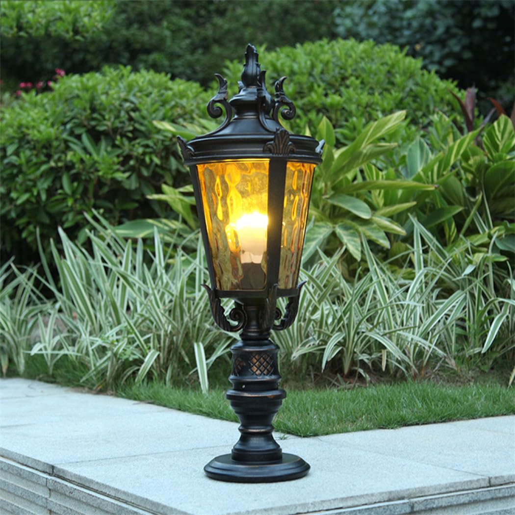 Bardzo długa aluminiowa lampa stojąca, klasyczny styl, czarne wykończenie w stylu vintage, z podstawą mocującą na filarze, idealna do ganku, ogrodu lub podwórza - szklana latarnia E26