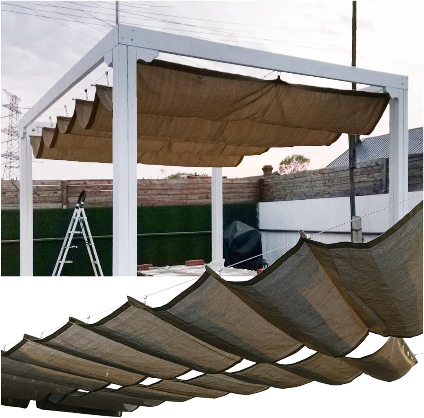 Retractable Pergola Canopy Shade Cover, Outdoor Slide Wire Awning Shade