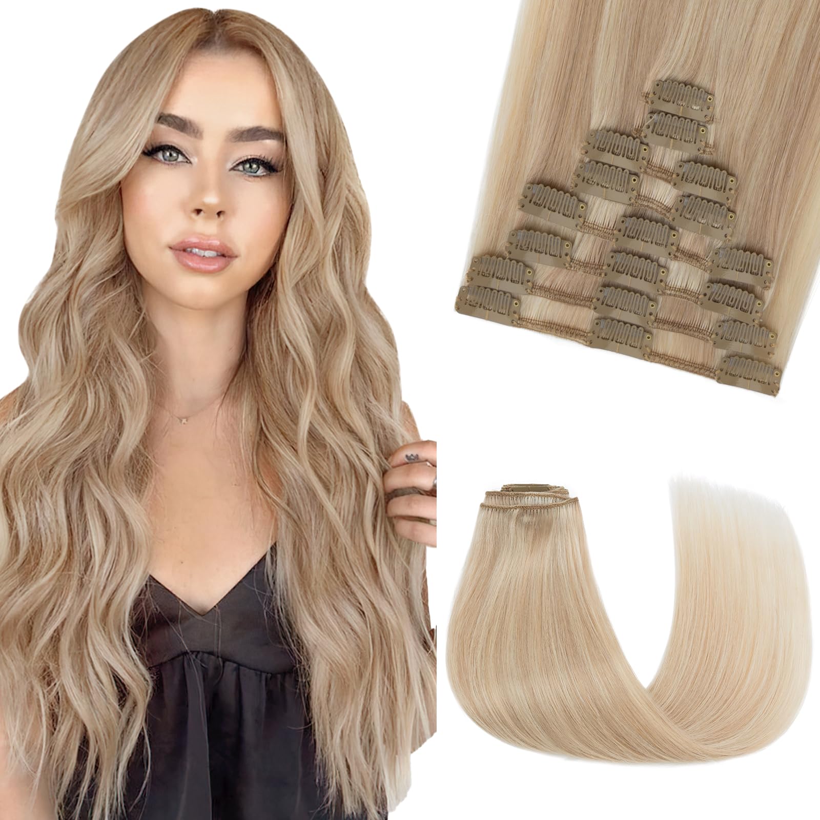 SEGOHAIR 8 PCS Hair Extensions Clip in Real Human Hair, 18 inch Thin Full Head Human Hair Extensions Straight