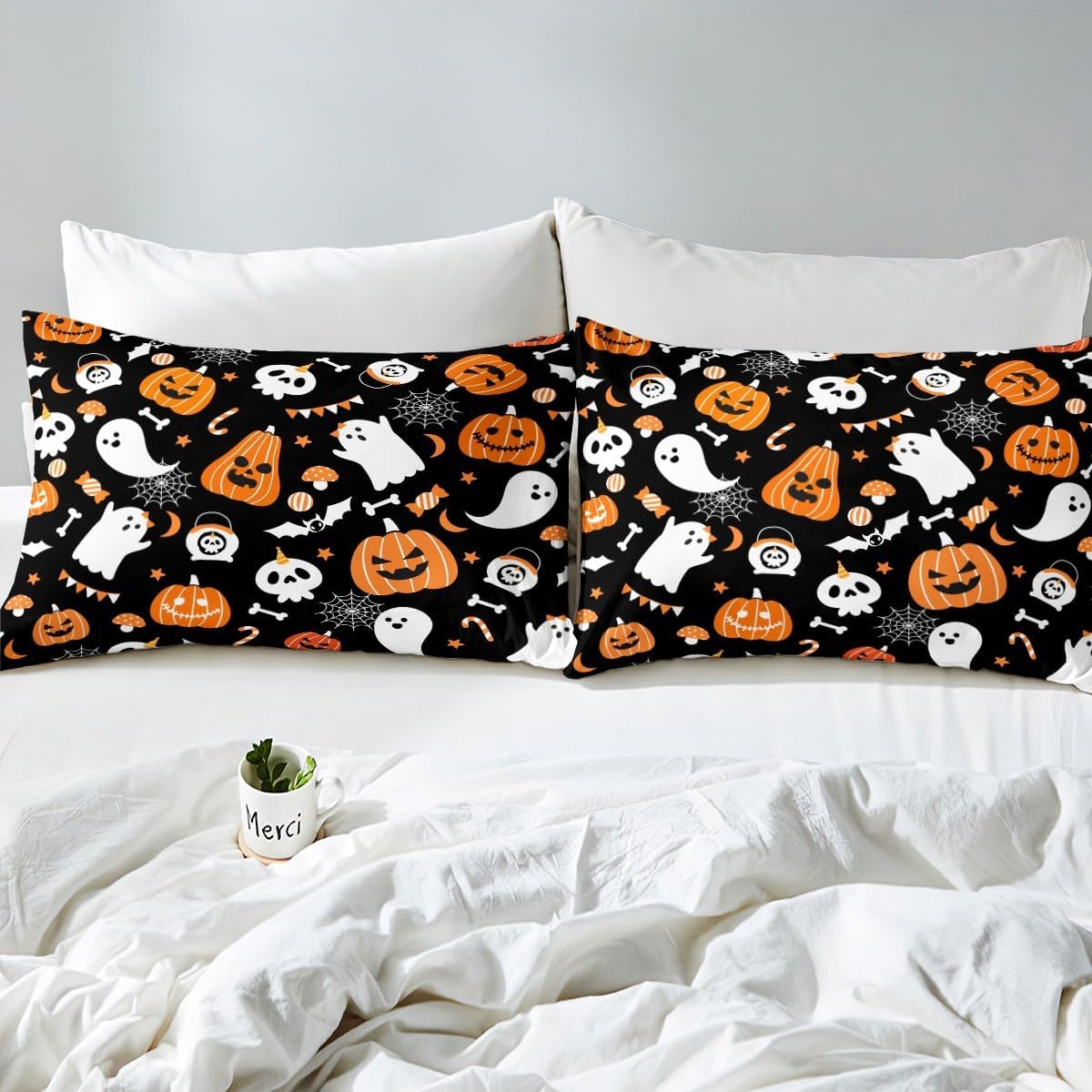Feelyou Happy Halloween Bed Sheets Set Full Size Kawaii Ghost Printed Deep Pocket Fitted Sheet Pumpkin Bedding Sets Black White Orange Soft Bed Set 4Pcs with 2 Pillow Cases