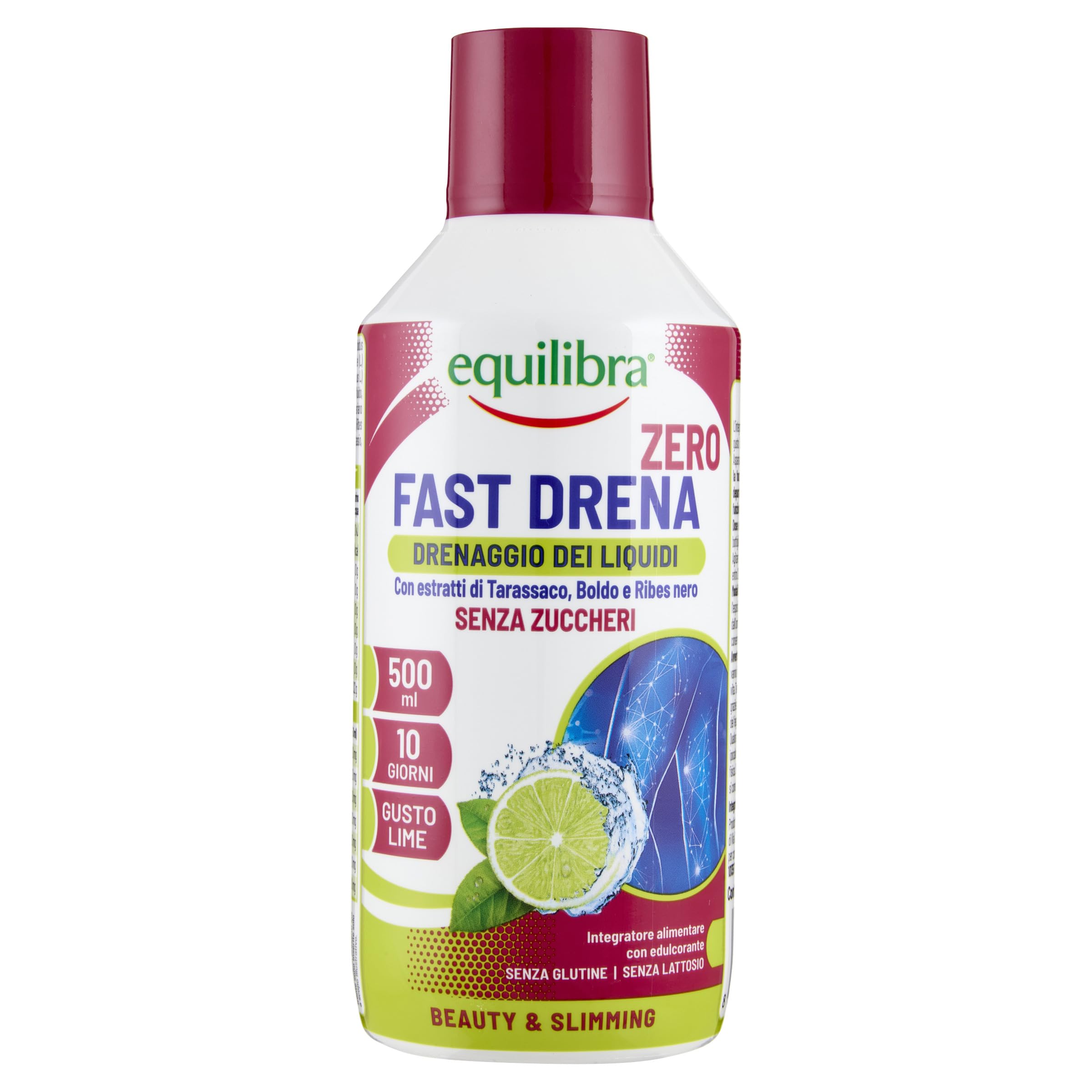 Equilibra Fast Drena Zero Zuccheri, con Tarassaco, Boldo, Ribes Nero, Integratore per il Drenaggio dei Liquidi, la Funzionalità delle Vie Urinarie, la Depurazione dell'Organismo, Gusto Lime, 500 ml