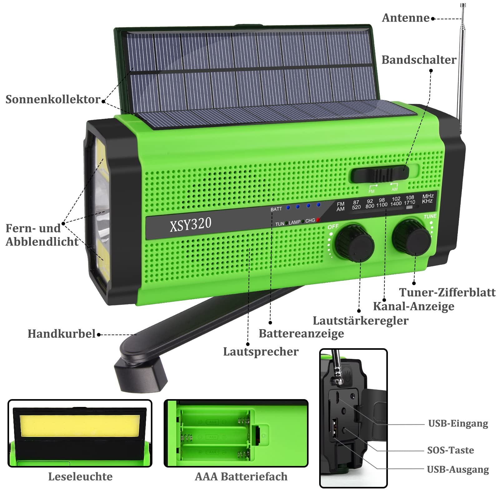 YIKANWEN Radio Solar Portátil, Radio Am/FM con Manivela y Batería Recargable 5000mAh, Linterna LED, Luz de Lectura y Alarma SOS para Camping y Exteriores (Verde)