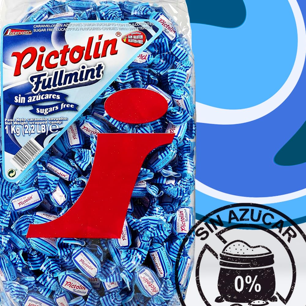Intervan Pictolin Caramelos duros sin azúcar de menta completa, dulces de menta fuertes, 1 kg