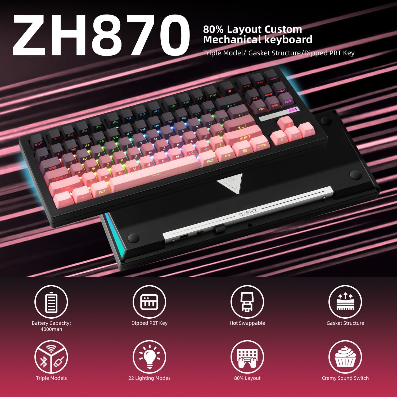 ඉවරයිview of ZORNHER ZH870 features including 80% layout, 4000mAh battery, Dipped PBT keycaps, hot-swappable switches, gasket structure, triple modes, 22 lighting modes, and creamy sound switches.