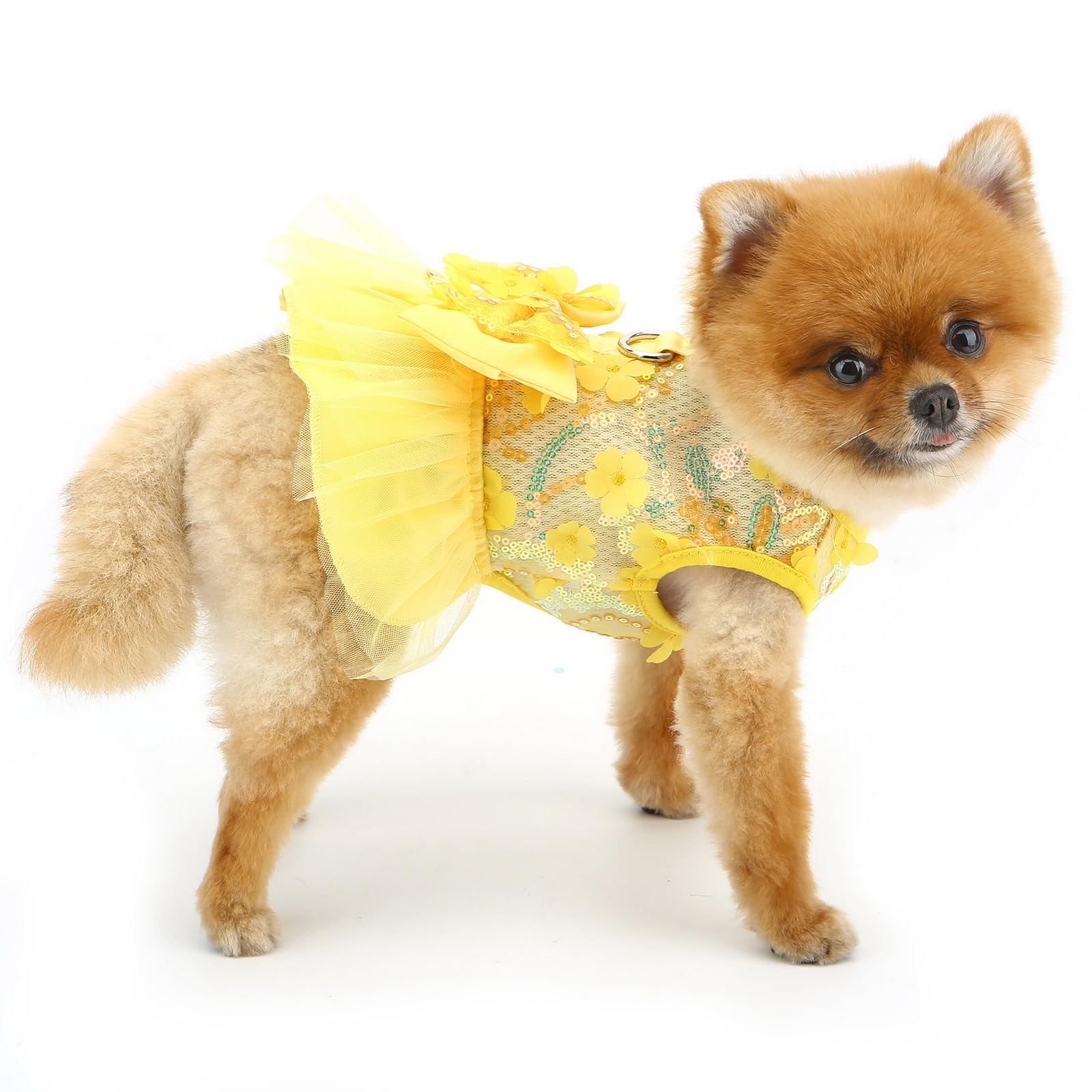 PAIDEFUL Dog Dress,Luxury Bow Princess Tutu Dresses for Girl Dogs Cute Fashion Mesh Pet Skirt with Sequins Flower Cat Puppy Clothes Wedding Party Outfits Chihuahua Apparel Button up D-ring,Yellow,M - Image 3