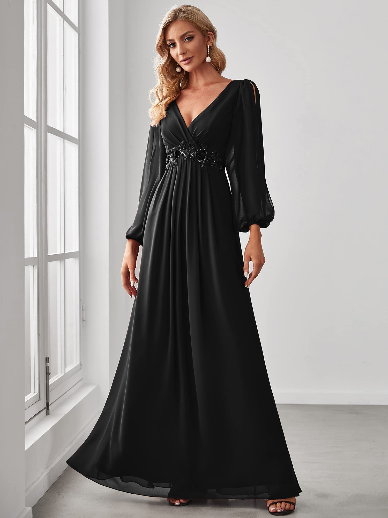 Ever-Pretty Vestito da Cerimonia Elegante Linea ad A Scollo a V A Abiti da Sera 00461 Nero 52