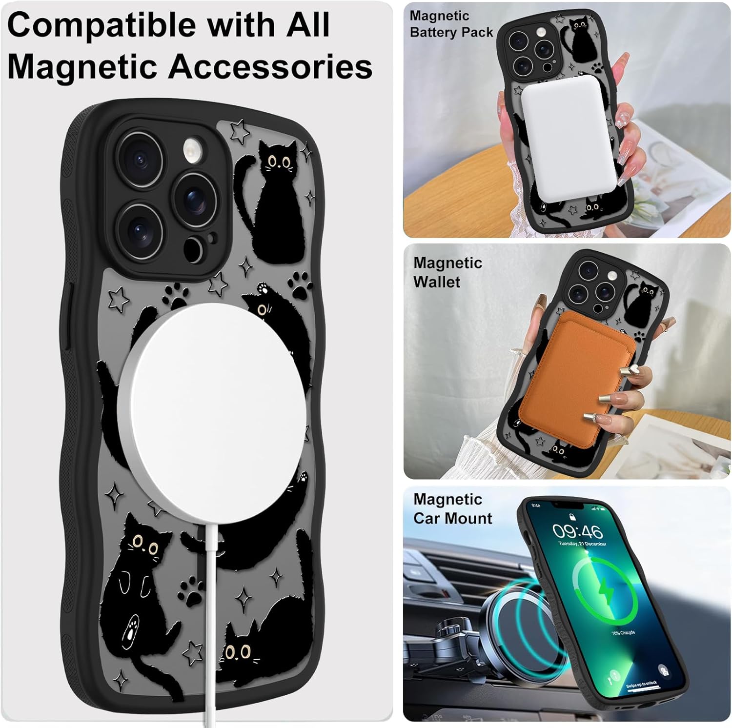 Cute Case for iPhone 13 Pro Max Case [Compatible with MagSafe] with Kawaii Black Cats Cat Print Pattern Design for Women Girls, Soft Wavy Edge Anti-Slip Animal Magnetic Protective Phone Cover - Image 3