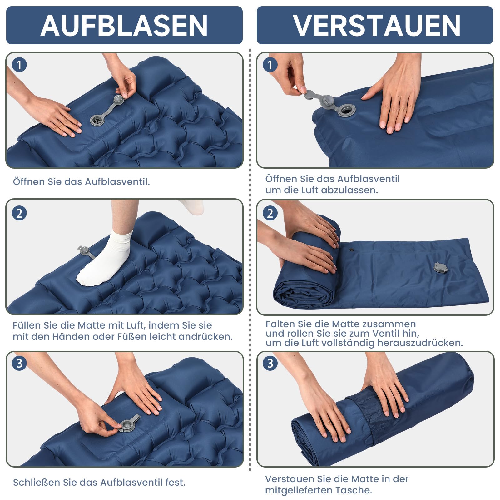 Materassino da campeggio oversize – Materasso gonfiabile ultraleggero extra largo e lungo 197 x 80 x 10 cm, con pompa a pedale e cuscino integrato in TPU 40D, piccolo ingombro per esterni e tenda (blu