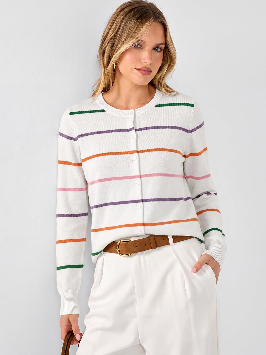 ANRABESS Womens Button Down Lightweight Cardigan Sweaters | Fall Fashion, Crew Neck Long Sleeve Shirts，Striped & Solid, Business Casual Outfits ,Daily Office Travel，Spring Layer Clothes