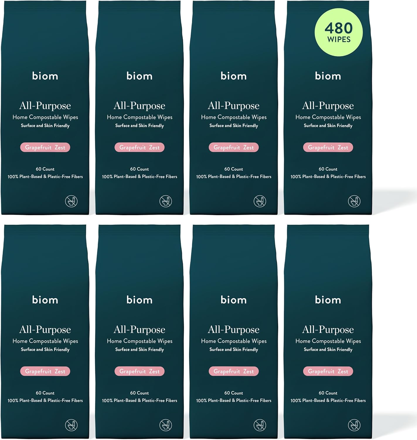 Biom All-Purpose Cleaning Wipes Refill (8pk x 60ct Each) - Biodegradable, All Natural, Plant-Based, Non-Toxic Wipes for Home & Travel - Kid & Pet Friendly (Grapefruit)