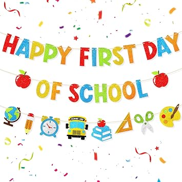 3Pcs Pre-Strung Happy First Day of School Banner, Glitter 1st Day of School Decorations for Classroom, Welcome Back to School Decor for Kindergarten Office Party Supplies