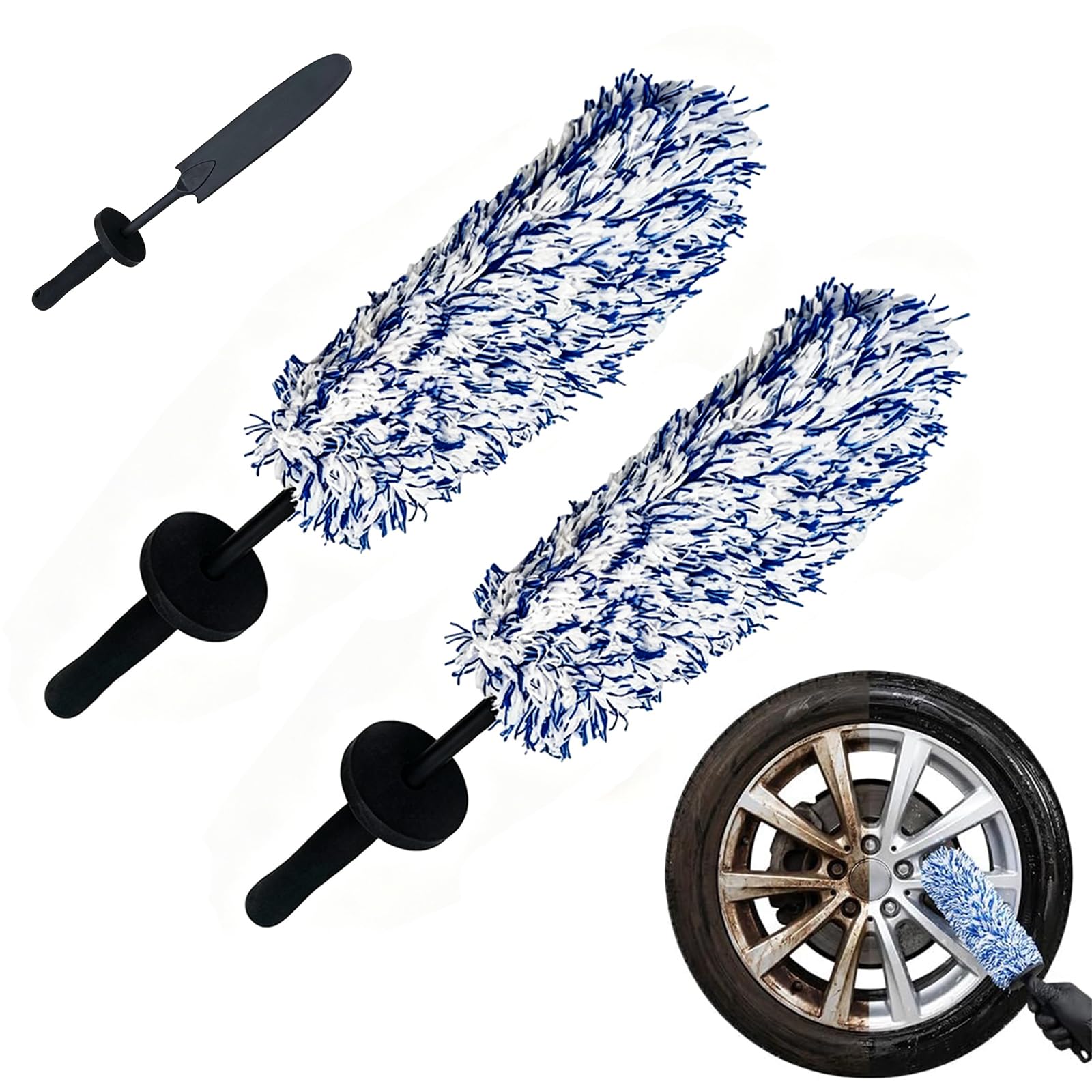 Lztet Blue + Blue Wheel Barrel Brush Large,Long Handle Microfiber Wheel Cleaner Brush,Non-Scratch Highly Absorbent Rim And Tire Duster,Reusable,Multipurpose Car Detailing Duster,Ergonomic Handle For Car Detailing(Blue