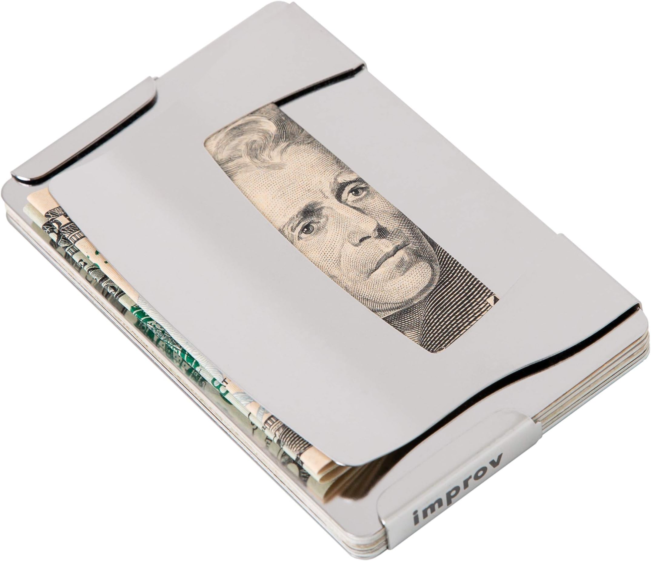 Improv Stainless Steel Minimalist Wallet - Money Clip, Phone Stand, Bottle Opener, Credit Card Holder - 2 RFID Blocking Plates - Slim and Sleek Design with No Sharp Edges, Fits Back and Front Pockets