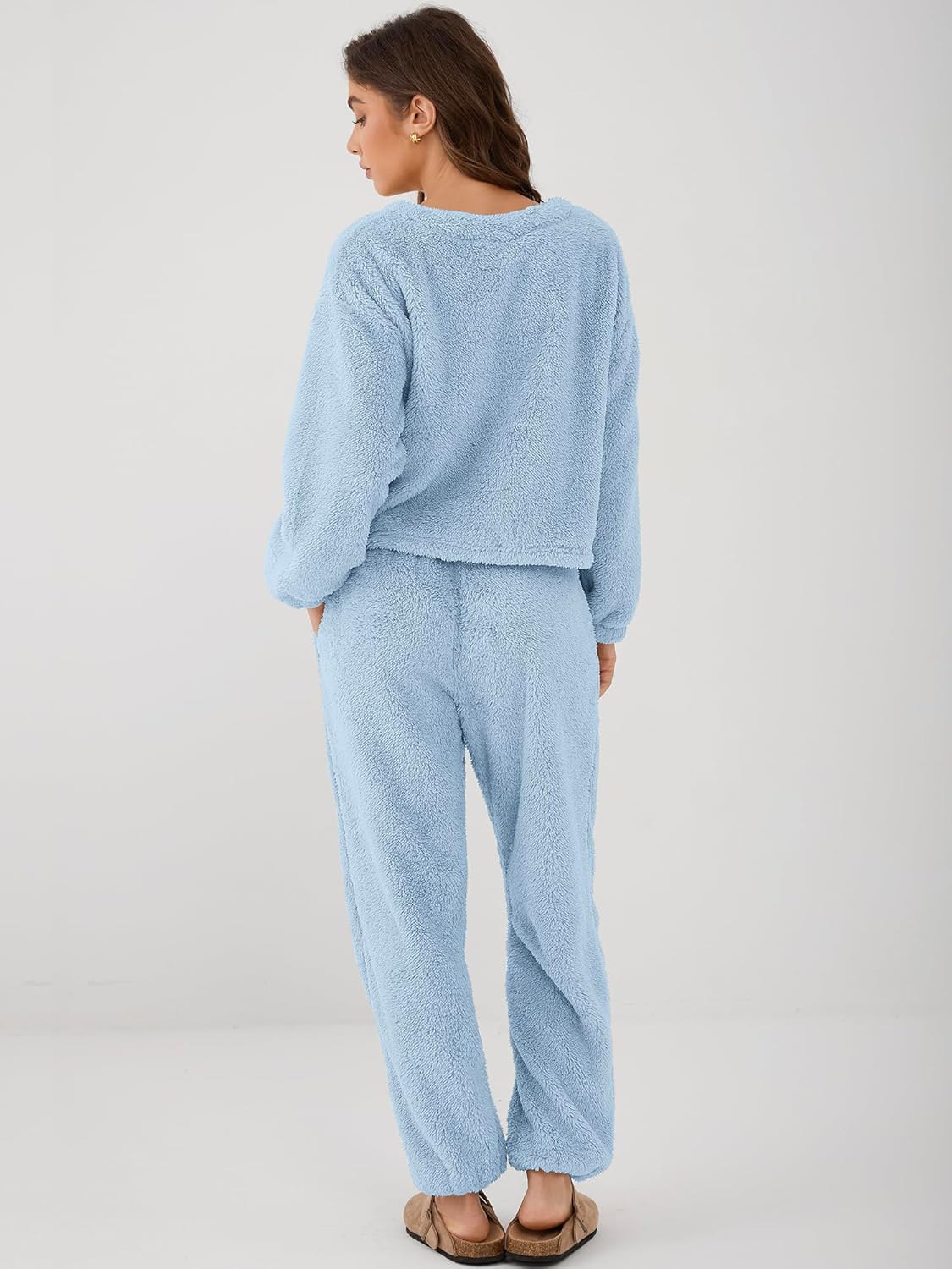 ZAFUL Women's Fuzzy Lounge Casual Pajamas Sets Long Sleeve Fleece Pullover and Pants Set 2 Piece Fluffy Loungewear Sleepwear - Image 5