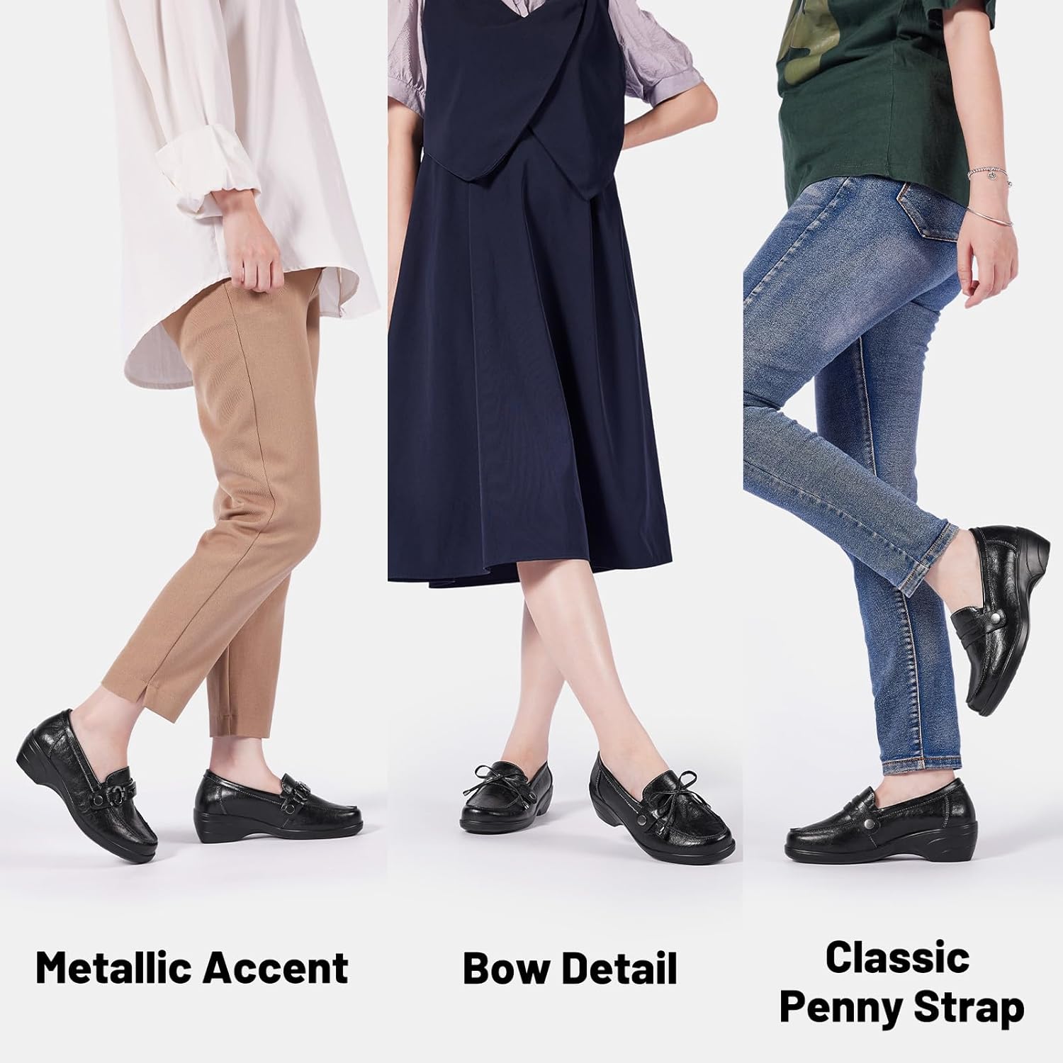 3-in-1 Loafers for Women – Interchangeable Bow, Penny & Chain Slip-On Loafers with Arch Support & Memory Foam
