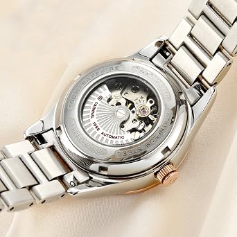 LOREO Women's Diamond Automatic Mechanical Rose Gold Stainless Steel Sapphire Waterproof Lady's Elegant Blue Watch (Blue dial)