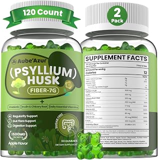 Psyllium Husk + Fiber Gummies for Women Adults, Sugar Free, 120 Gummies | Organic Psyllium Husk Fiber Supplement with Inulin Prebiotic Fiber, Multivitamins for Digestive Health & Regularity Support