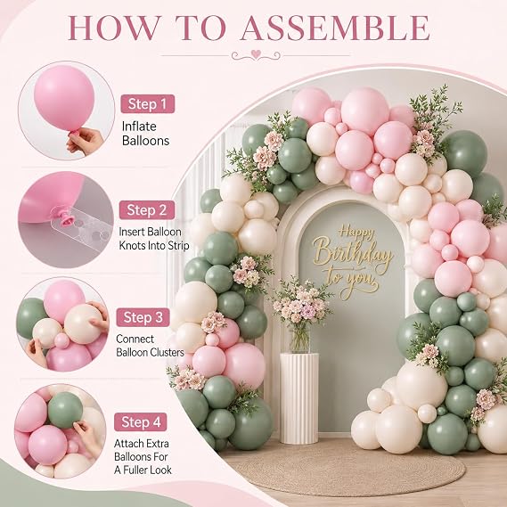 122PCS Dusty Pink and Green Balloon Arch for Spring Wedding Decorations