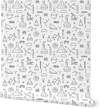 Spoonflower Cool Back School Pre-Pasted Removable Wallpaper | Sample 12" x 24" | Black White Kids Study Chemistry | Self-adhesive, removable and renter-friendly