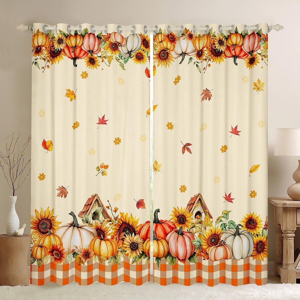 Pumpkin Sunflower Curtain,Maple Leaves Draperies for Boys Girls Teens,Autumn Window Treatment Curtains Home Decor,Grid Window Drapes for Living Room Bedroom,52Wx90L