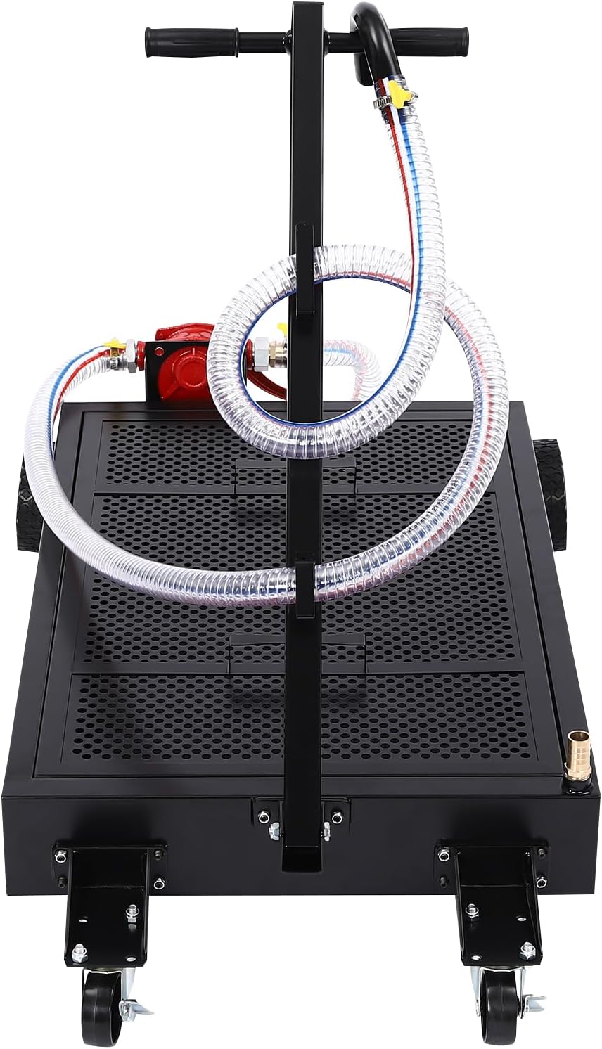 Oil Drain Cart, 15 Gallon Oil Drain Pan, Large Capacity Oil Change Pan with Four Wheels Full Coverage Mesh Cover and Foldable T-Handle Manual Rotary Pump Oil Drain Cart