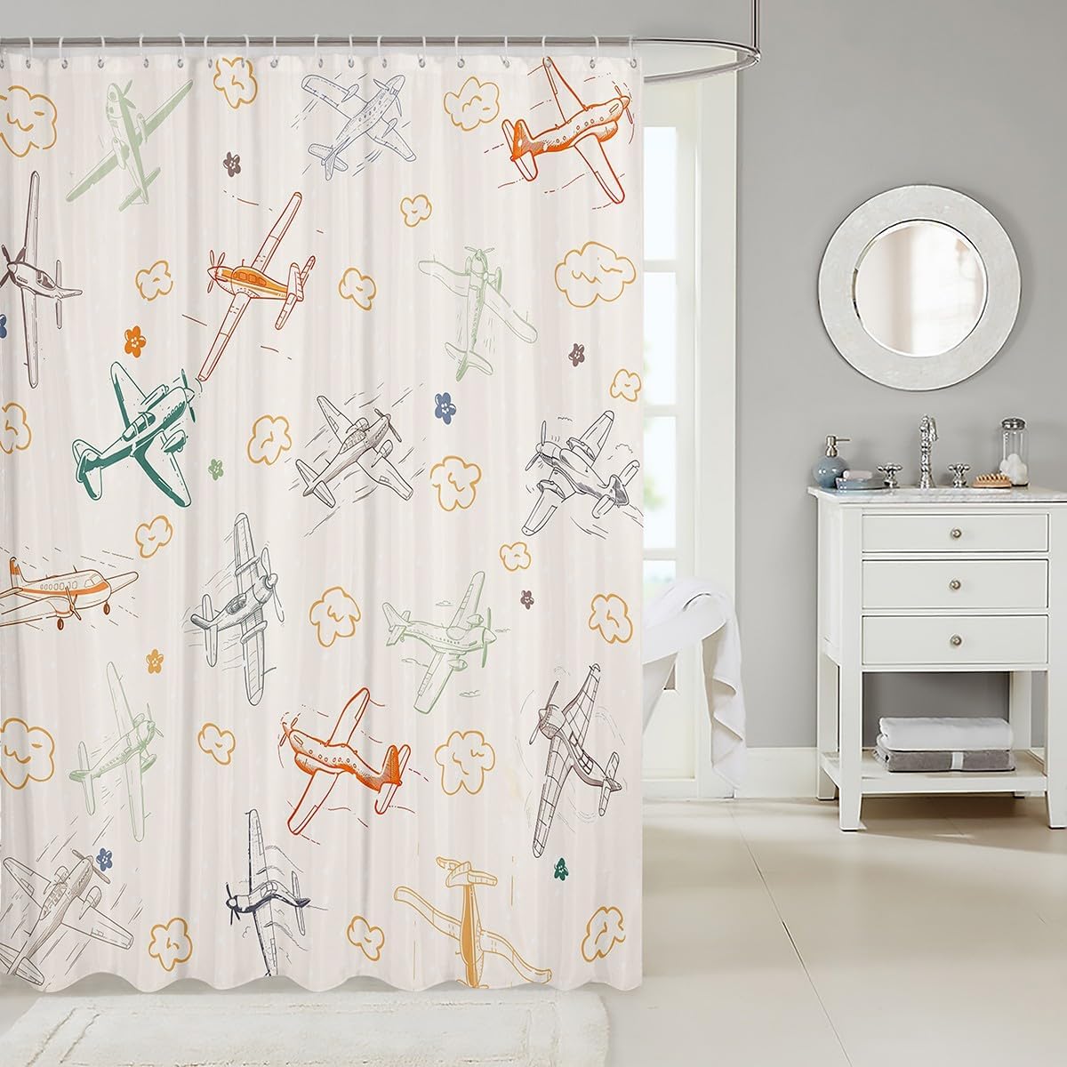 Castle Fairy Colorful Airplane Shower Curtain Cartoon Airplanes Bathroom Shower Curtain Set for Kids Adult Aircraft Sketch Bath Curtain Clouds Waterproof Curtains Room Decor 72 x 72 Inch image 3
