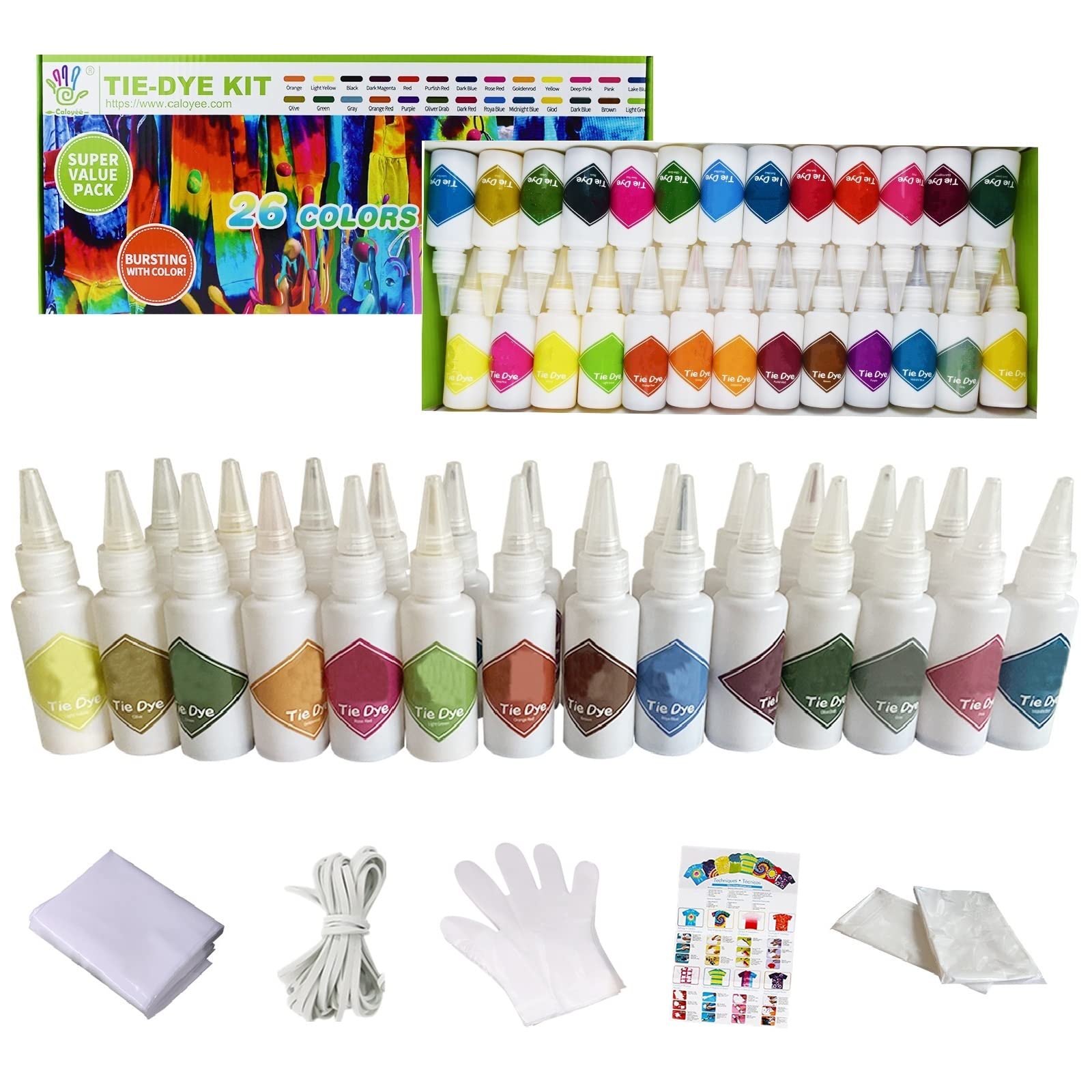 Tie Dye DIY Kit, 26 Colors Tie Dye Shirt Fabric Dye Art Tie-Dye Kit Party Creative Group Activities, DIY Fashion Dye Kit, Rainbow Rubber Bands, Gloves, Apron and Table Covers