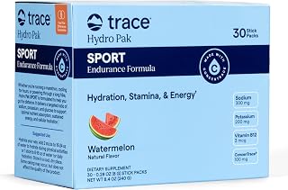 Trace Minerals Hydro Pak Sport, Watermelon, 30-Pack | 300 mg sodium, 200 mg potassium, 3 mcg vitamin B12, 70+ ionic trace minerals, Mix 1-2 sticks per 8-24 oz water