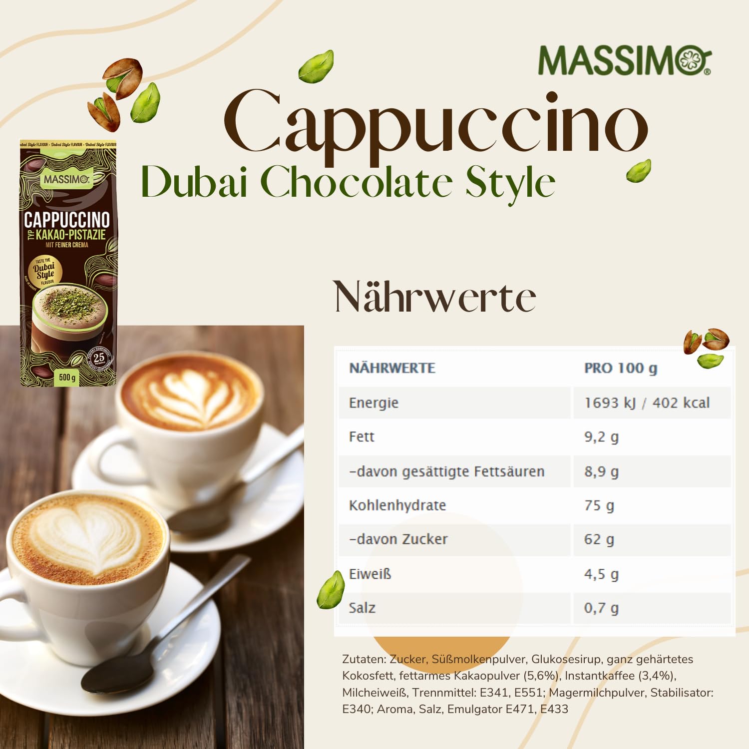 MASSIMO Tipo cappuccino Dubai Chocolate Style, 10 x 500 g, polvere istantanea per bevande con caffè istantaneo, cacao pistacchio con crema fine, contenente caffeina, preparazione rapida