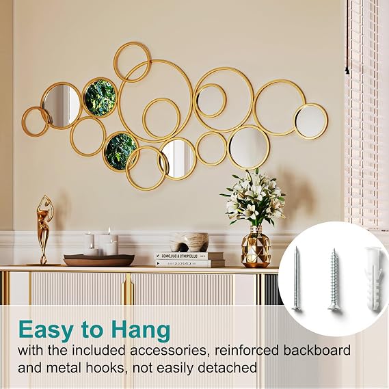 Gold Wall Art Mirror - 58x27 Large Gold Circle Round Metal Decorative Mirrors for Wall Decor, Modern Hanging Mirror for Living Room, Dining Room, Fireplace, Entryway, Hallway