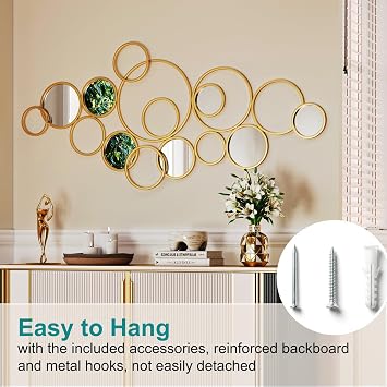 Gold Wall Art Mirror - 58x27 Large Gold Circle Round Metal Decorative Mirrors for Wall Decor, Modern Hanging Mirror for Living Room, Dining Room, Fireplace, Entryway, Hallway