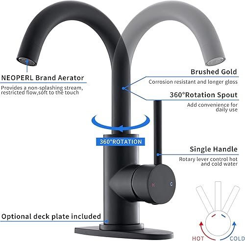 Miniatura 3 de Grifo de lavabo de baño de una sola manija color negro mate, grifo de fregadero de barra giratoria de 360 con placa de cubierta, juego central de 4