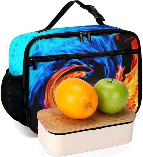 Miniatura 6 de Lonchera reutilizable con diseño de llamas azules y rojas, bolsa de almuerzo aislada, lonchera para comida y comida, bolsa de mano para niños,