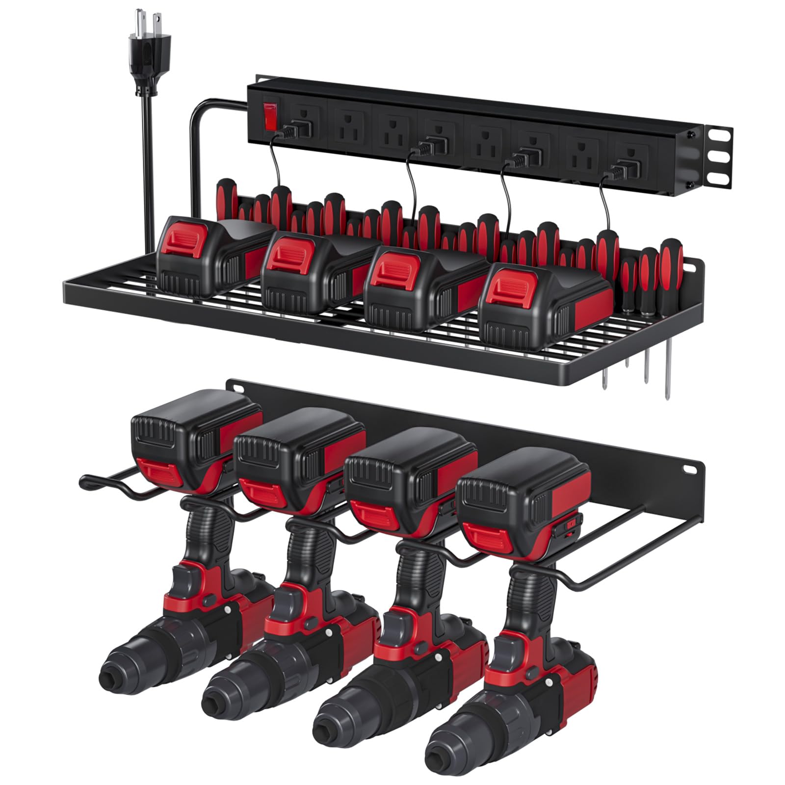 EAROND Power Tool Organizer With Charging Station, Wall Mount Drill Holder, Screwdriver and Battery Organizer, Heavy Duty Rack for Garage, Workshop, Tool Room, Workbench