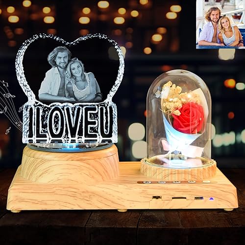 I LOVE U Photo - Ramo de flores de rosas personalizadas, lámpara de cristal 3D personalizada de 7 colores, luz de rotación Bluetooth, marco de fotos